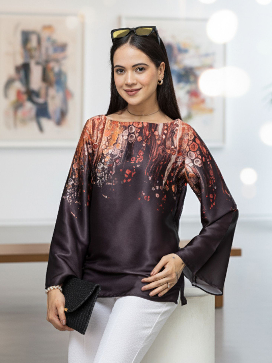 PURYS Printed Boat Neck Flared Sleeve Sheen Satin Top