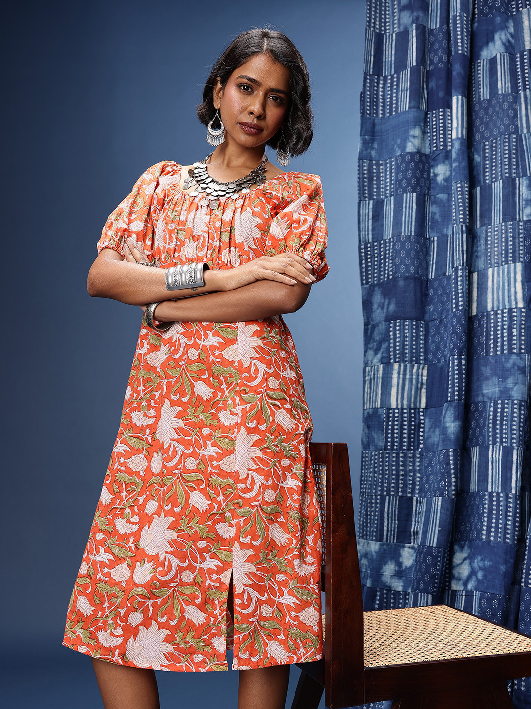 Taavi Pure Cotton Floral Printed V-Neck A-Line Sanganeri Ethnic Dress