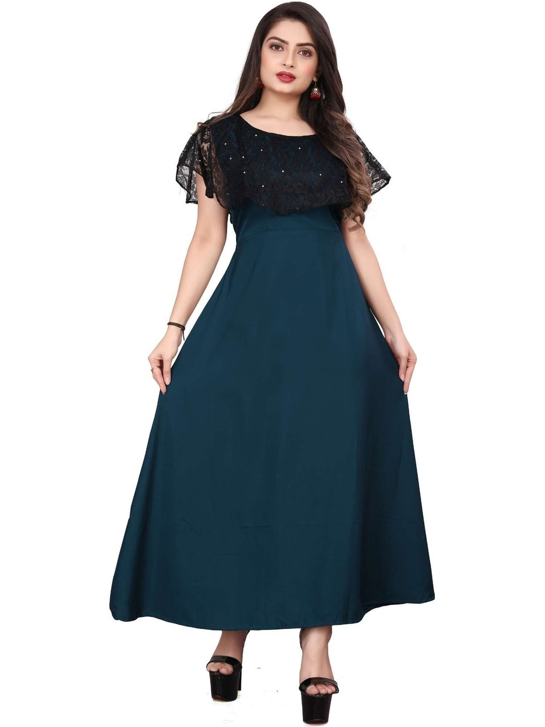 QENA Flutter Sleeve Fit & Flare Maxi Dress