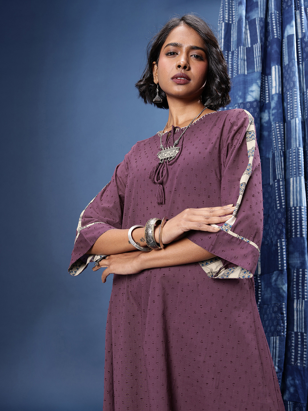 Taavi Woven legacy Tie-Up Neck Dobby A-Line Kurta With Palazzos