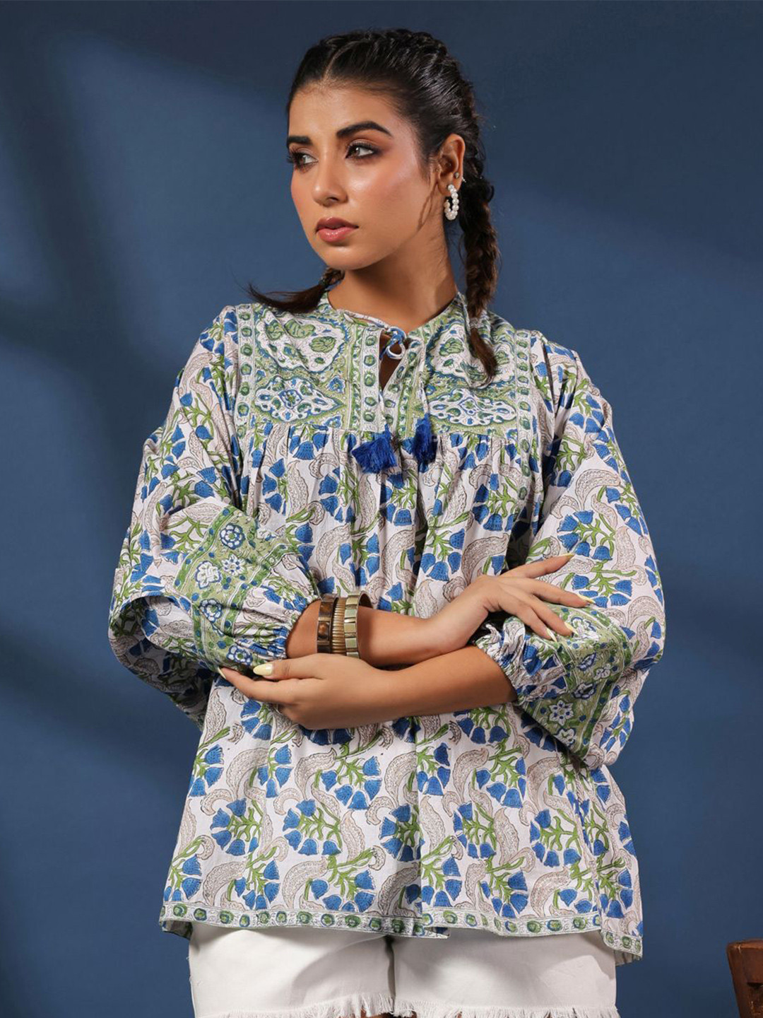 Taavi Women Hand Block Floral Printed Boho Puff Sleeves Top With Tassel Detailing