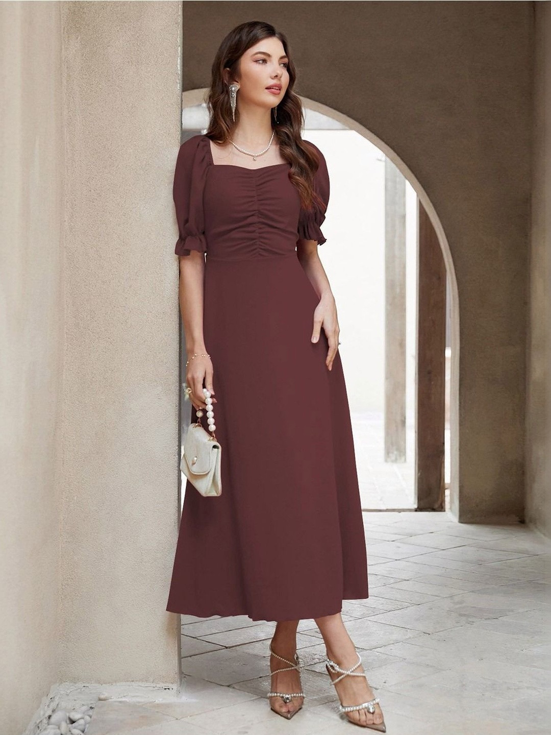SHYAM SUNDARI Puff Sleeve A-Line Midi Dress