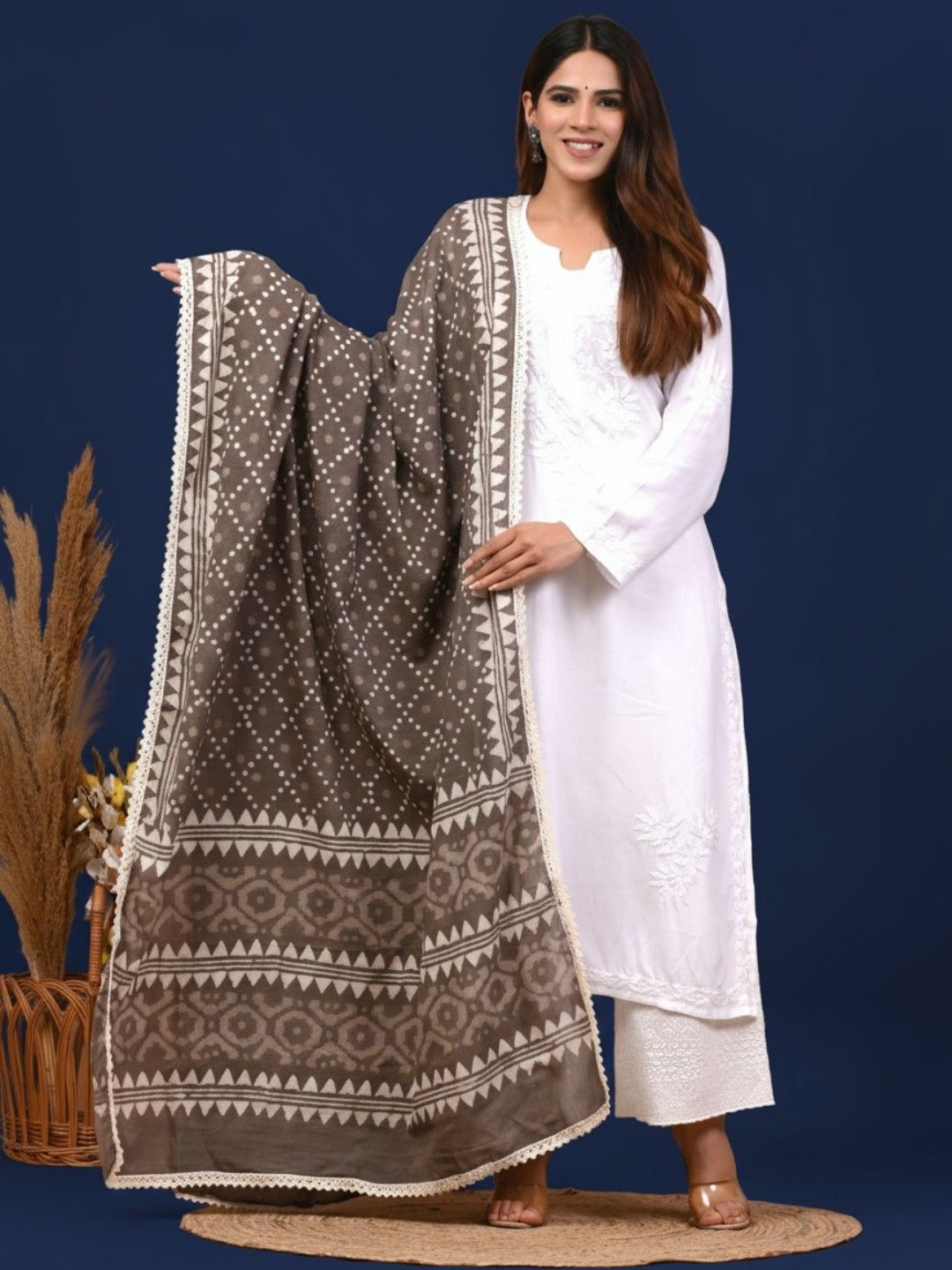 Taavi Dabu Block Printed Cotton Mulmul Dupatta With Taping