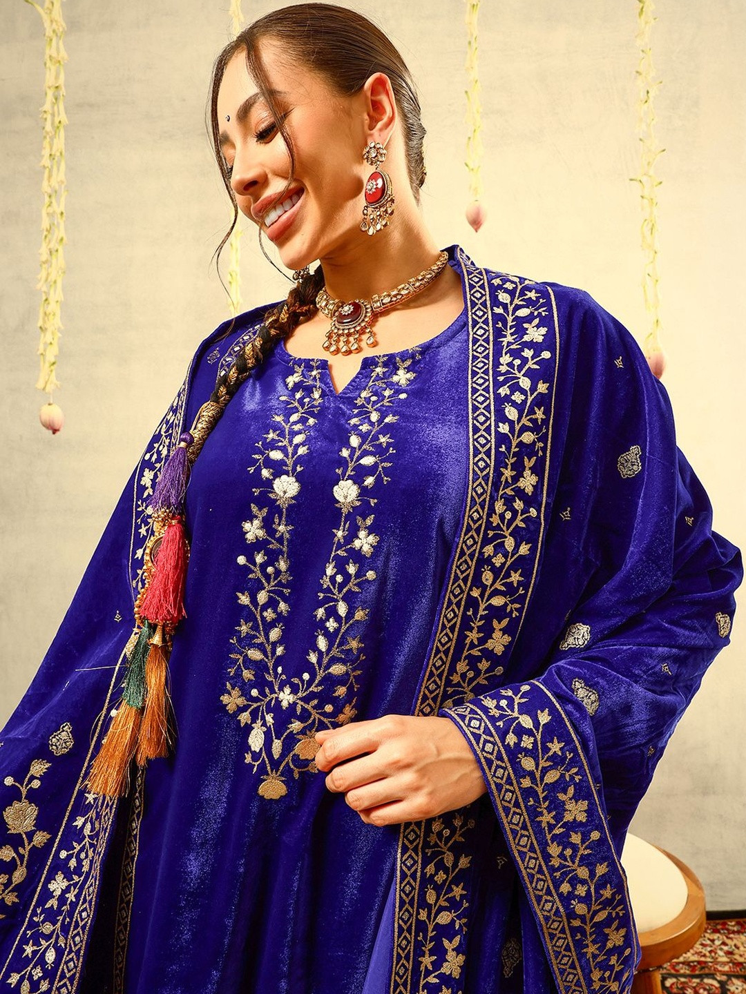 Ishin Royal Blue Gold Print Festive Kurta with Trouser & Velvet Dupatta