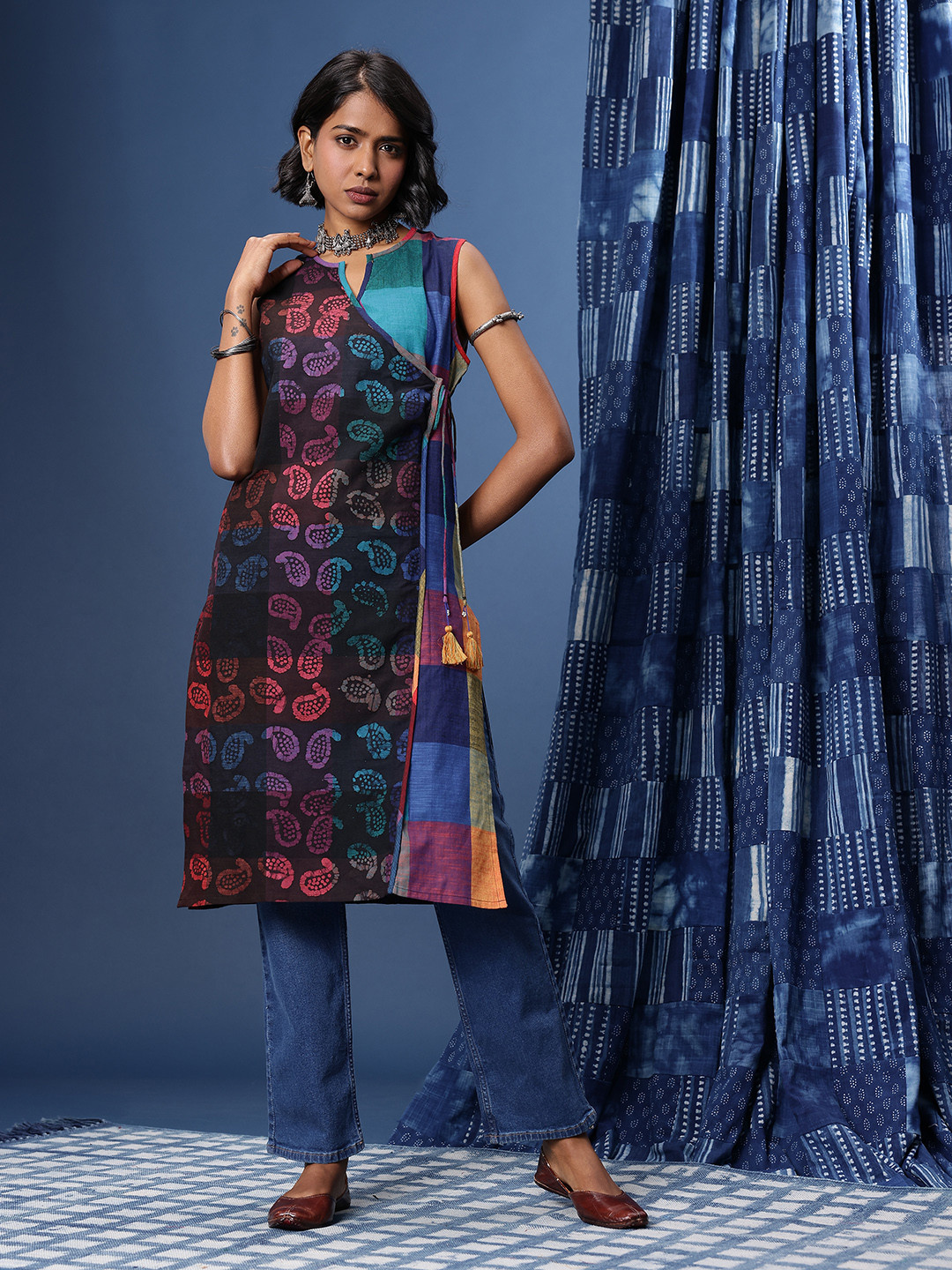 Taavi Pure Cotton Paisley Printed Angrakha Style Batik Crafted Kurta