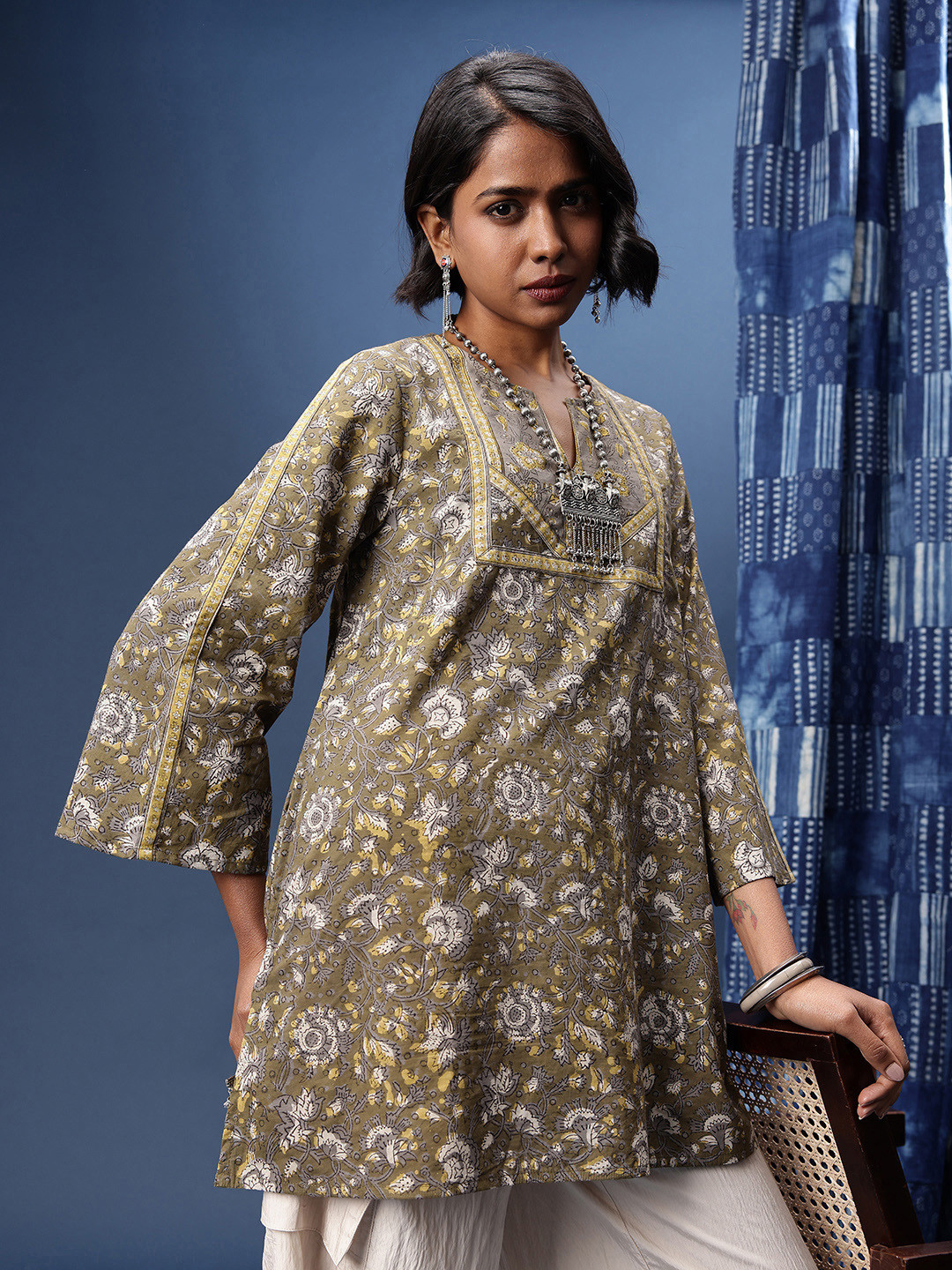 Taavi Floral Printed Flared Sleeves Block Print Legacy Crafted Kurti