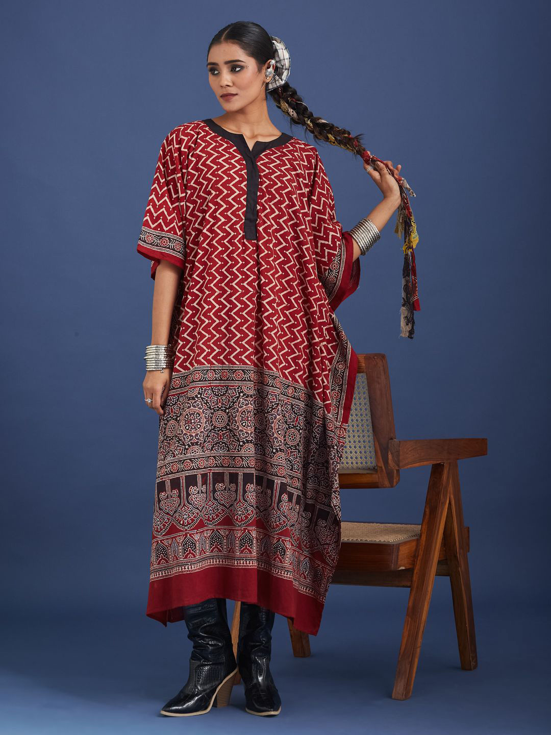 Taavi Women Ajrakh Block Print Cotton Kaftan Ethnic Dress With Batwing Sleeves