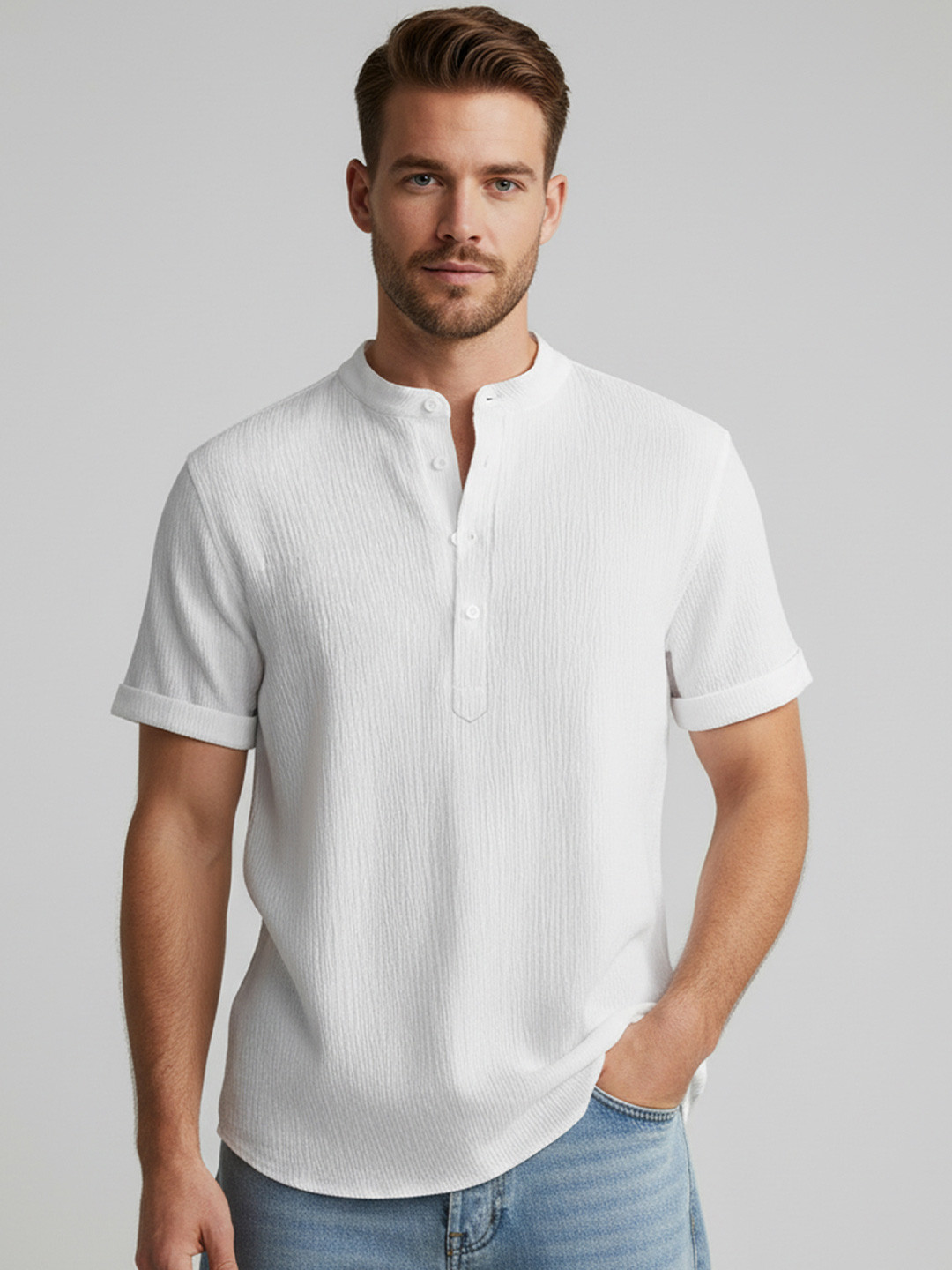 Metronaut Band Collar Short Sleeves Straight Shirt