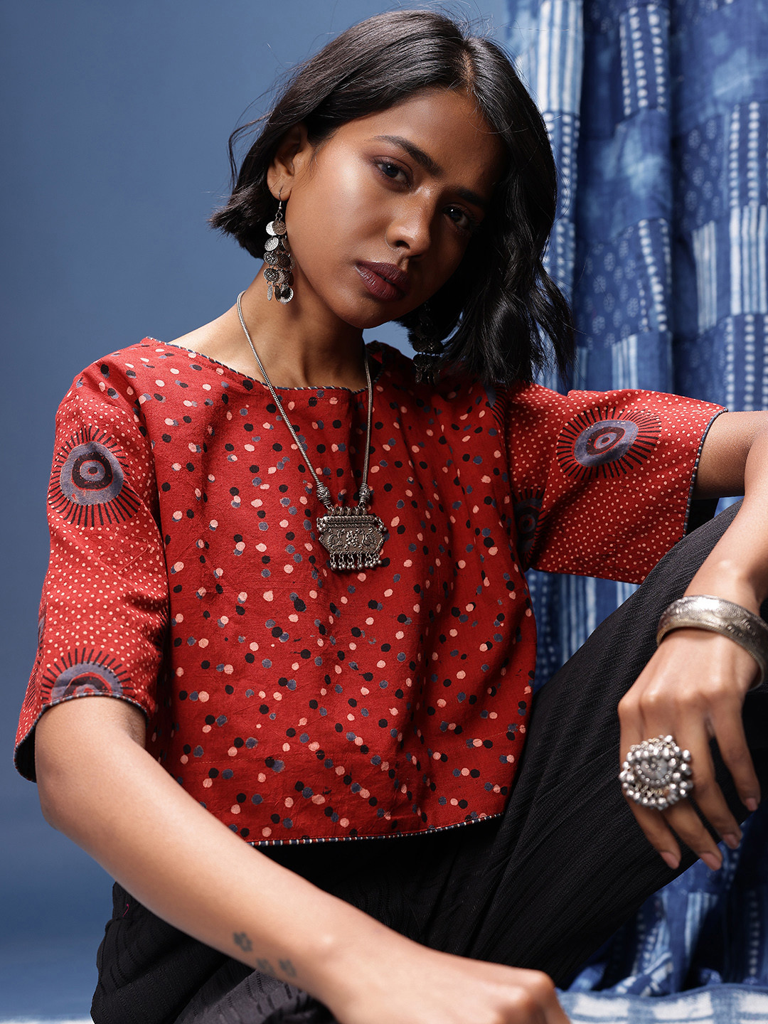 Taavi Geometric Print Ajrakh Crop Top