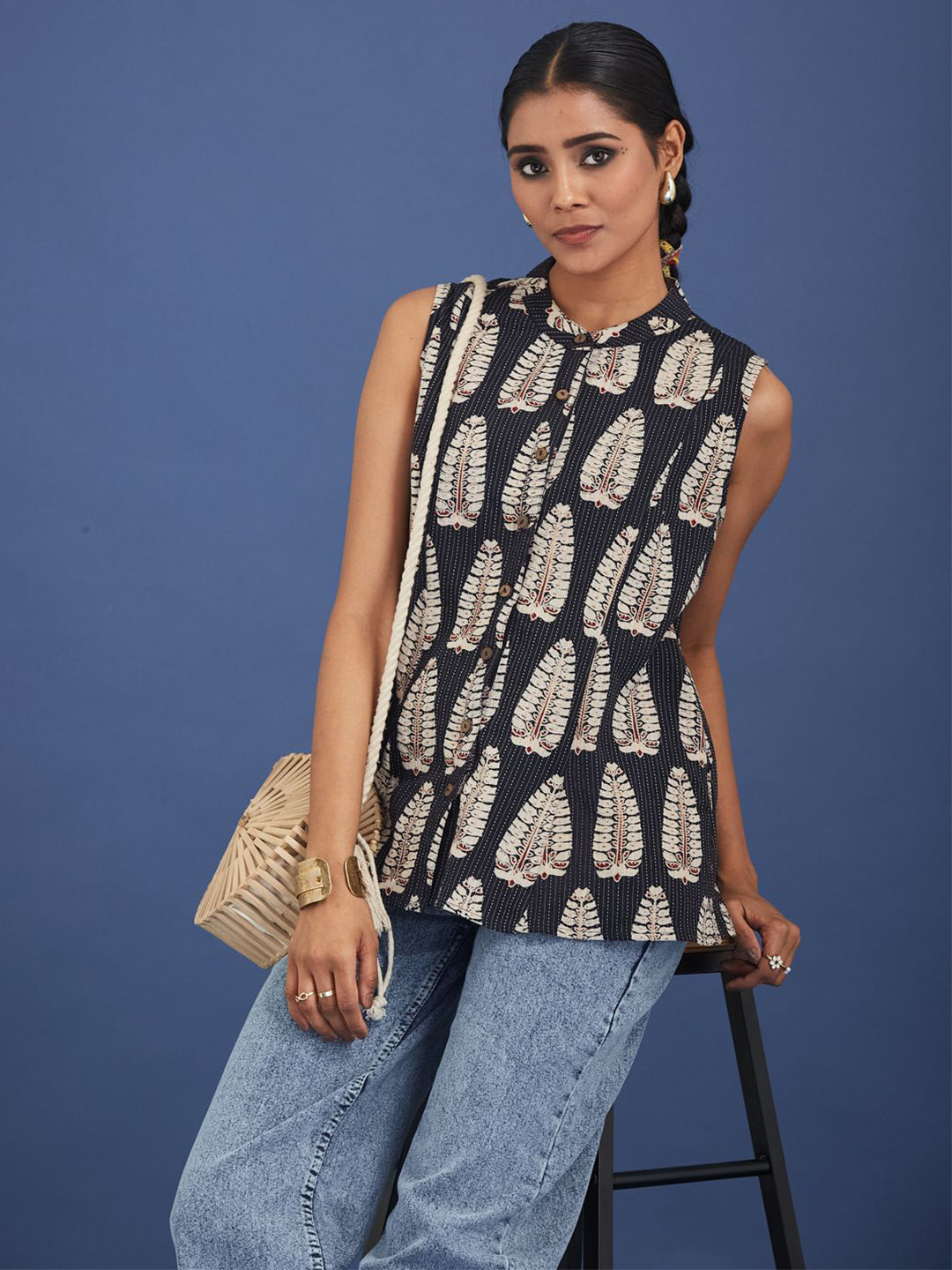Taavi Hand-Block Ajrakh Print Mandarin Collar Cotton Shirt Style Top