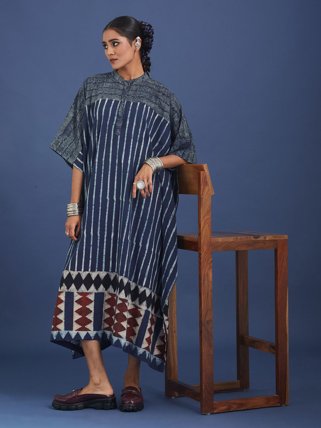 Taavi Women Ajrakh Block Print Cotton Kaftan Ethnic Dress With Batwing Sleeves