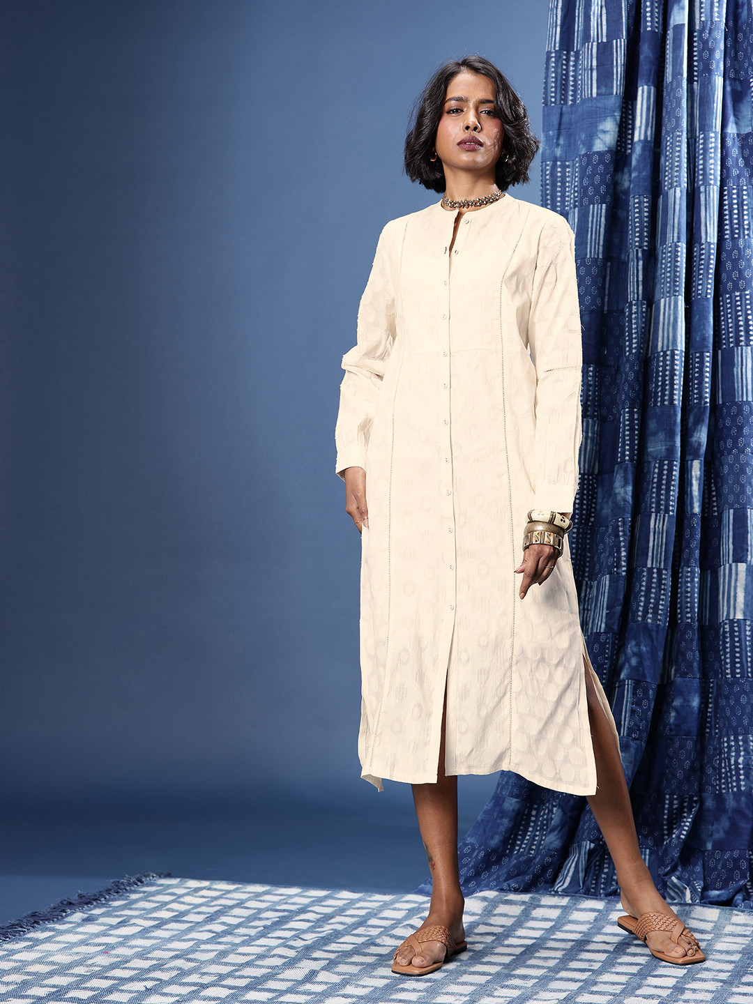 Taavi Cora Self Design Geometric Shirt Style Ethnic Dress With Inner