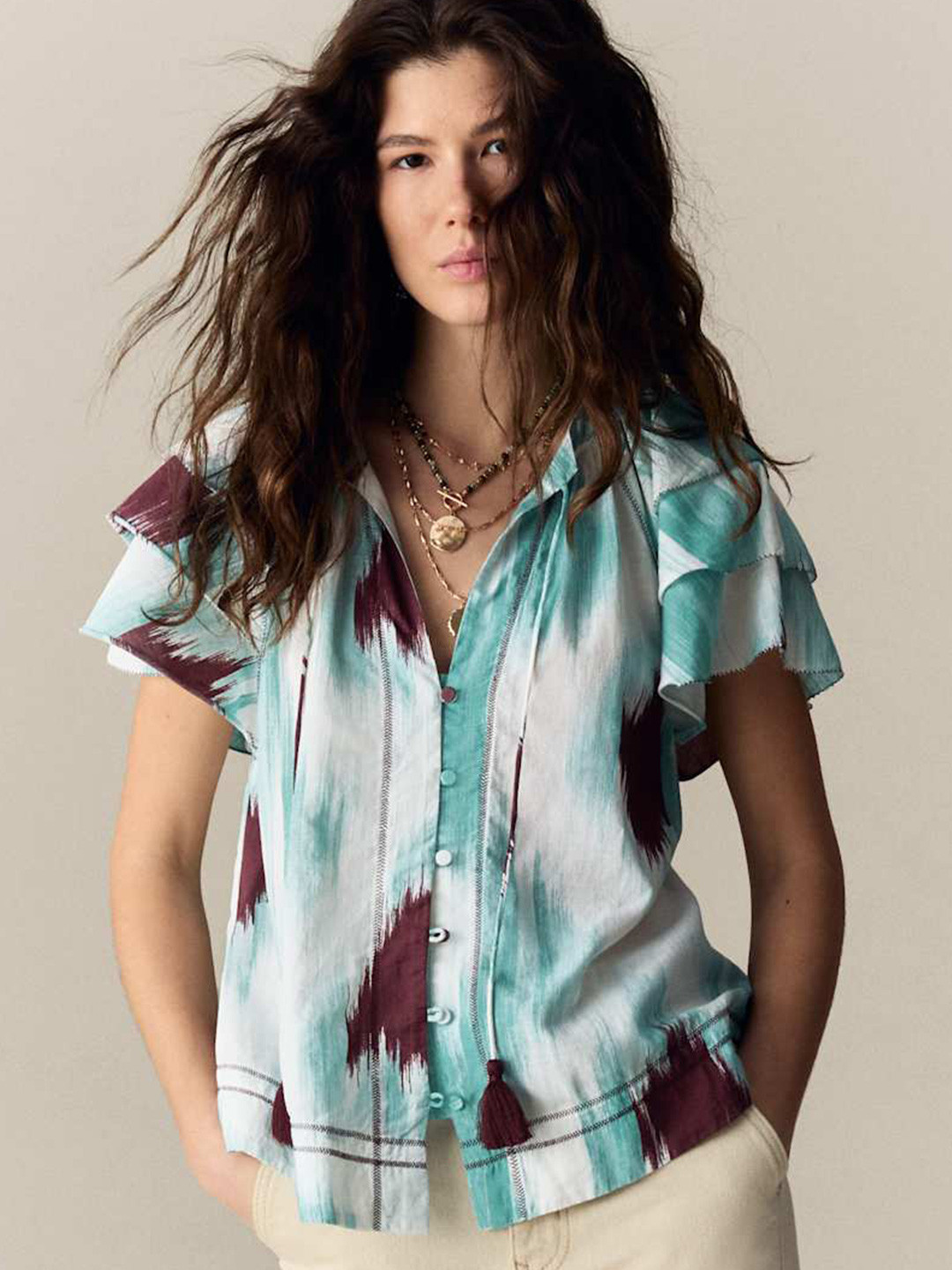 Marks & Spencer Autograph Floral Printed Tie Neck Cotton Top