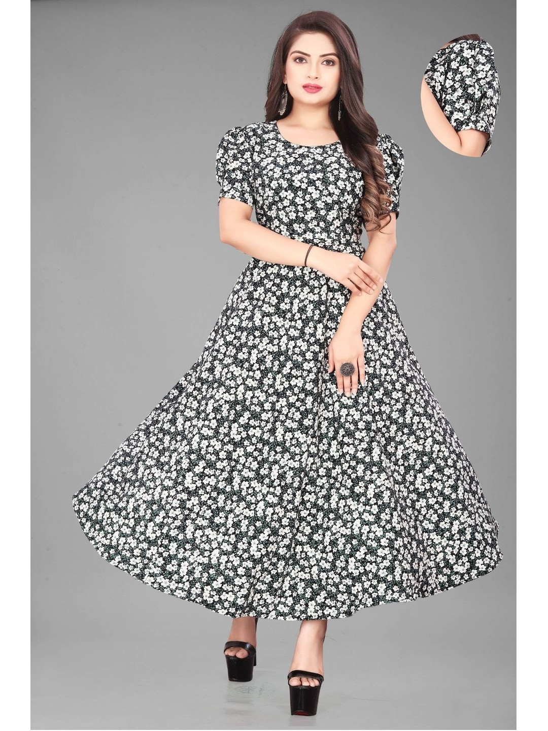 QENA Floral Print Puff Sleeve Applique Fit & Flare Maxi Dress