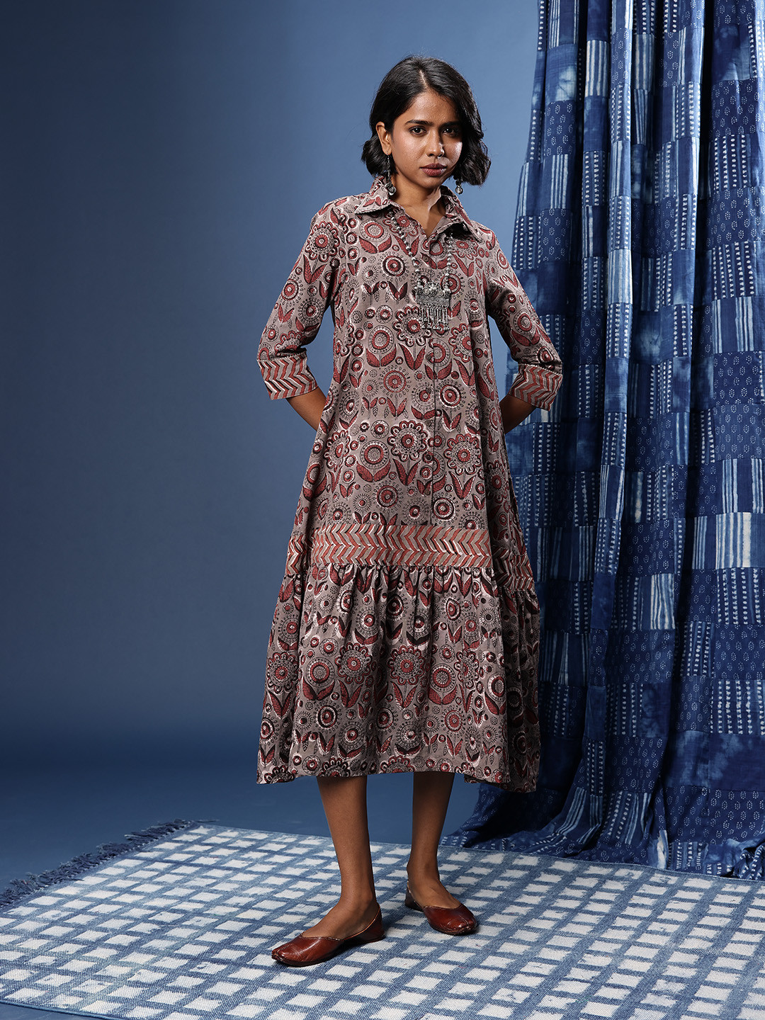 Taavi Bagru Printed Pure Cotton Shirt Collar Tiered A-Line Dress