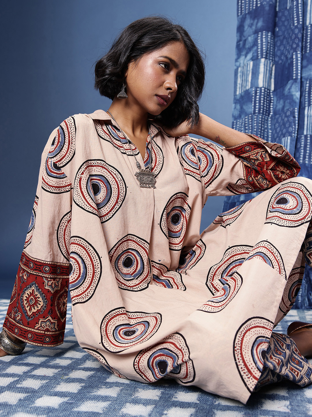 Taavi Ajrakh Geometric Printed A-Line Kurta With Trousers