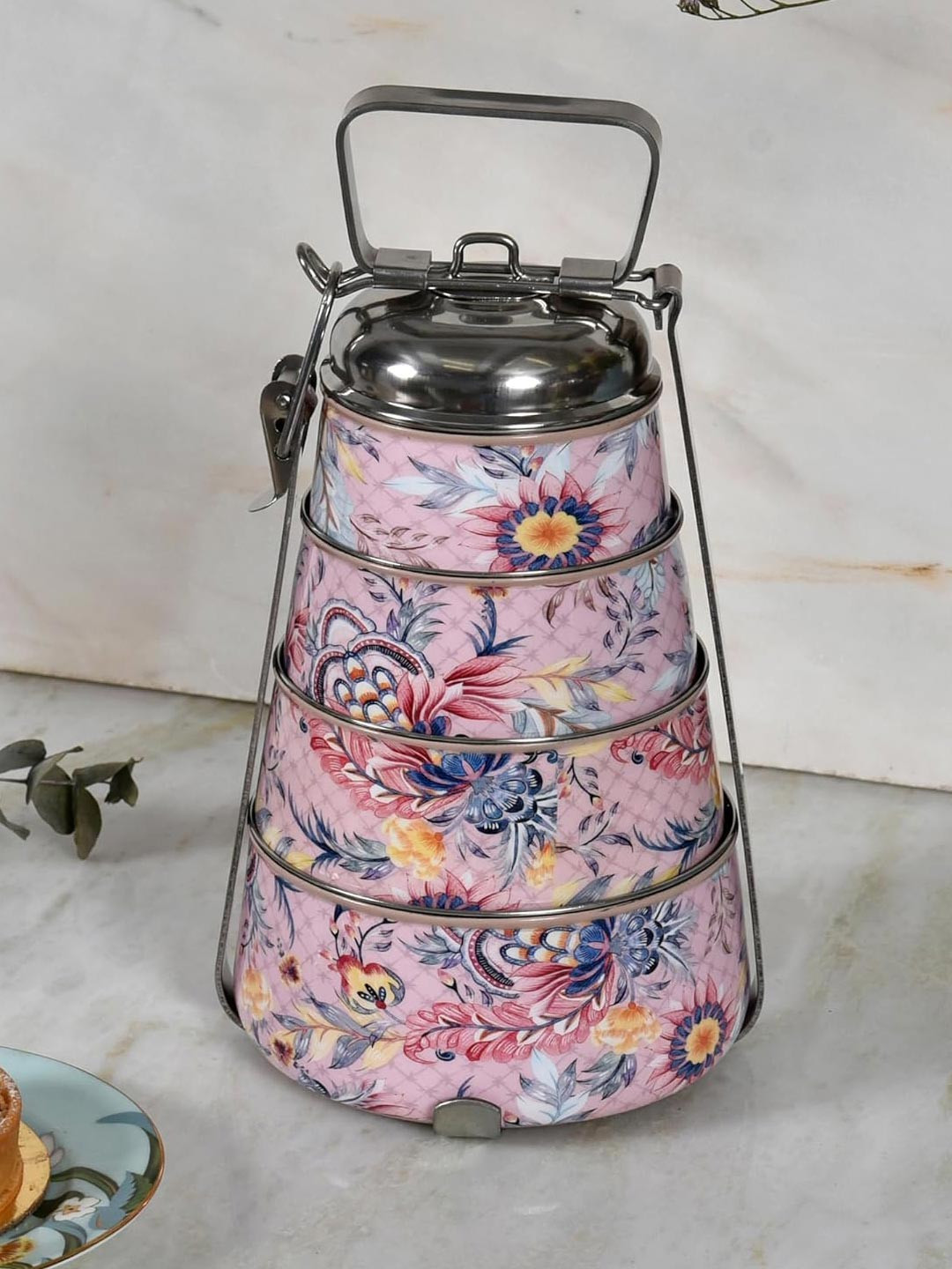 Living With Elan Gingham & Blooms 4 Tier Stainless Steel Lunch Box With Spoon & Fork