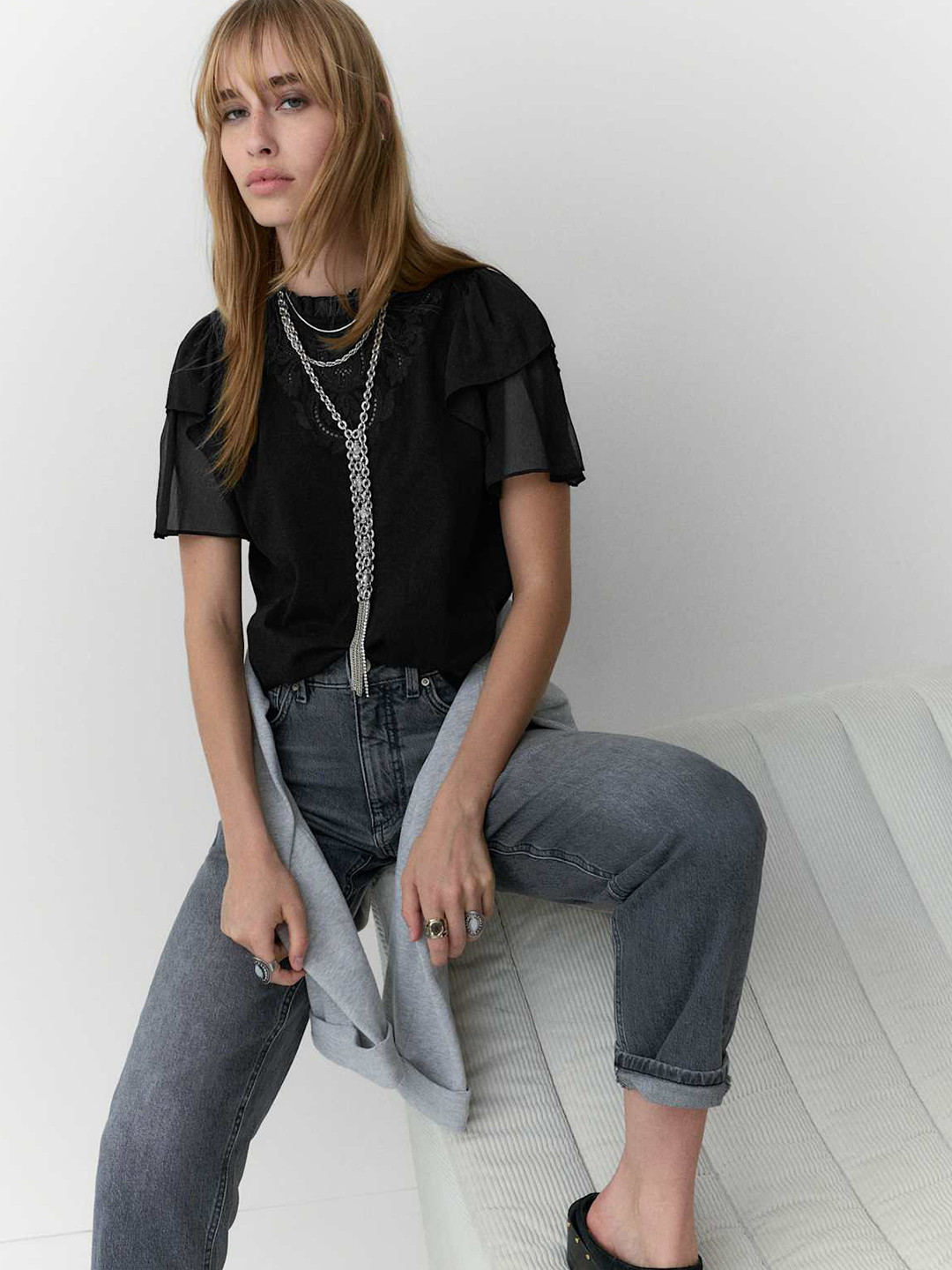 Marks & Spencer Autograph Floral Embroidered Flared Sleeve Ruffles Cotton Top