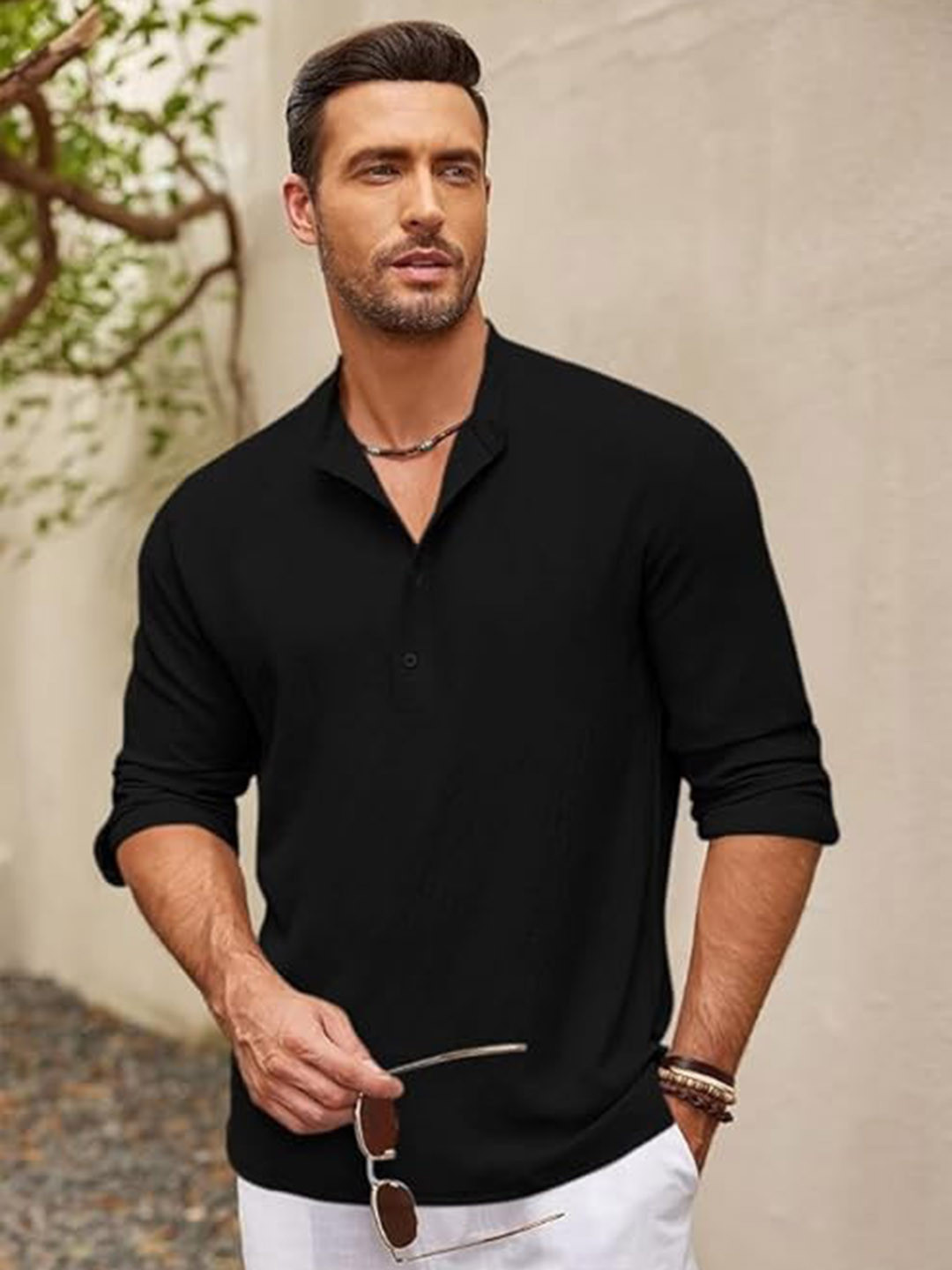 Bellstone Men Band Collar Roll-Up Sleeves Straight Kurta