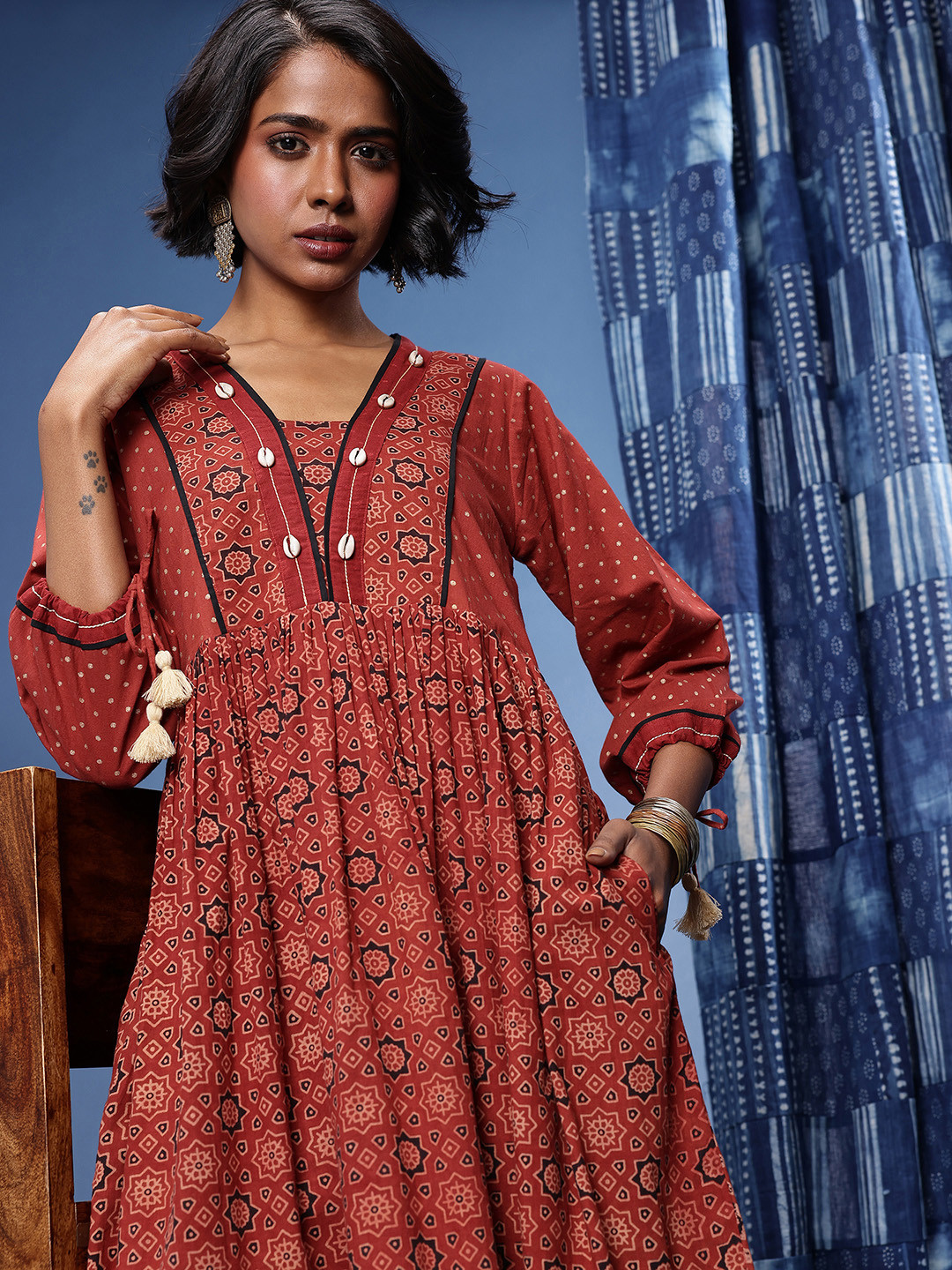 Taavi Ajrakh Handblock Printed Anarkali Pure Cotton Kurta with Embroidered Details