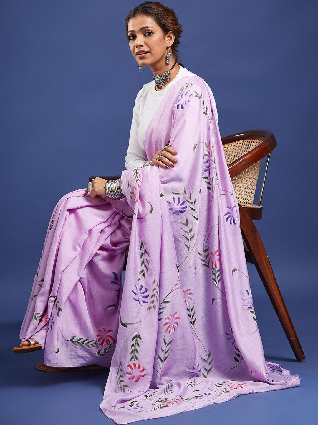 Taavi Light Pink Floral Pure Cotton Saree