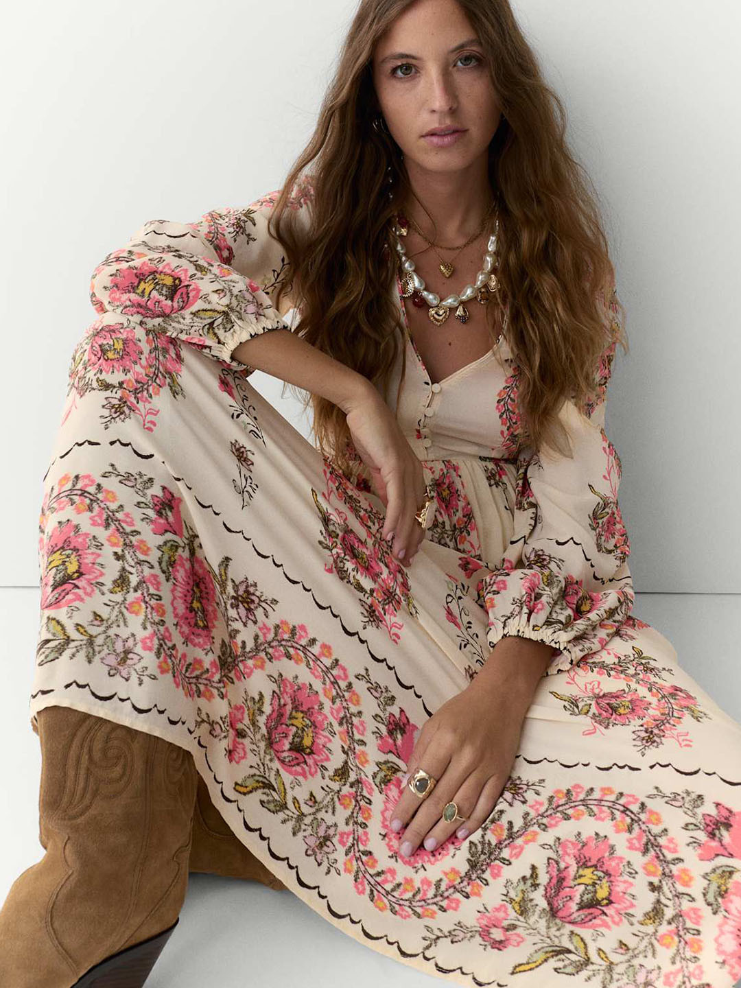 Marks & Spencer Autograph Women V-Neck Floral Print Puff Sleeves Maxi Dress