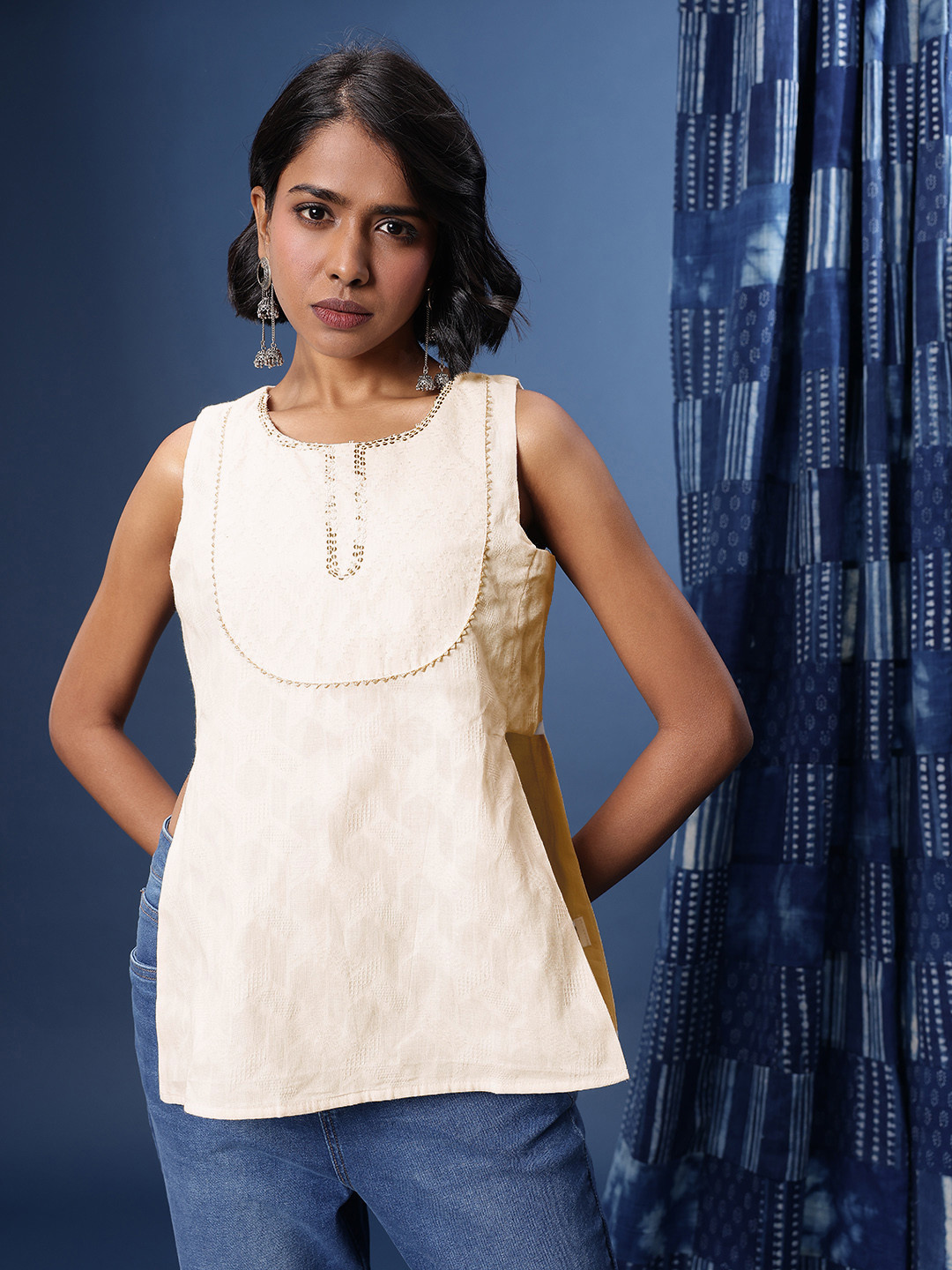 Taavi Self-Design Geometric Sequined Cut-Out Detail Pure Cotton Cora Crafted Kurti