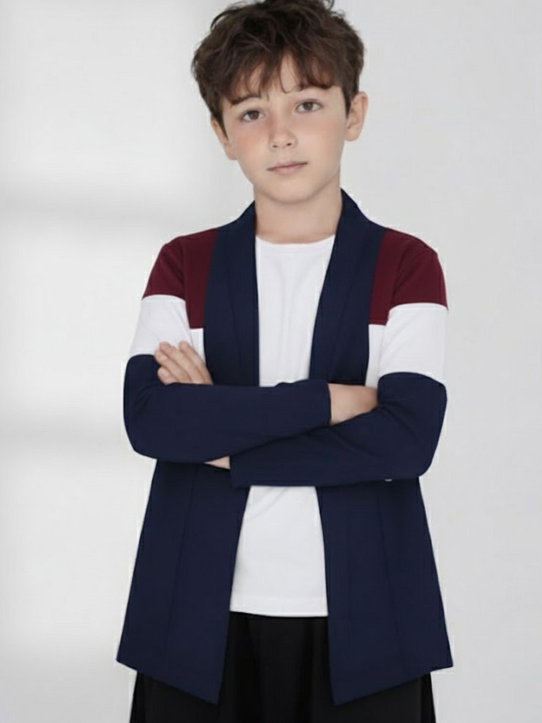 CLOTHIFY Boys Maroon & Navy Blue Cotton Colourblocked Shrug With Full Sleeves