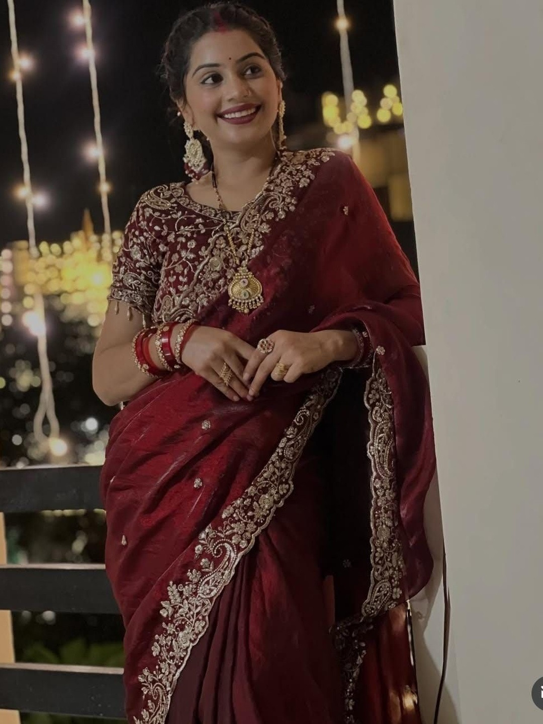 A.G.M.G FASHION Ethnic Motifs Embroidered Satin Heavy Work Saree
