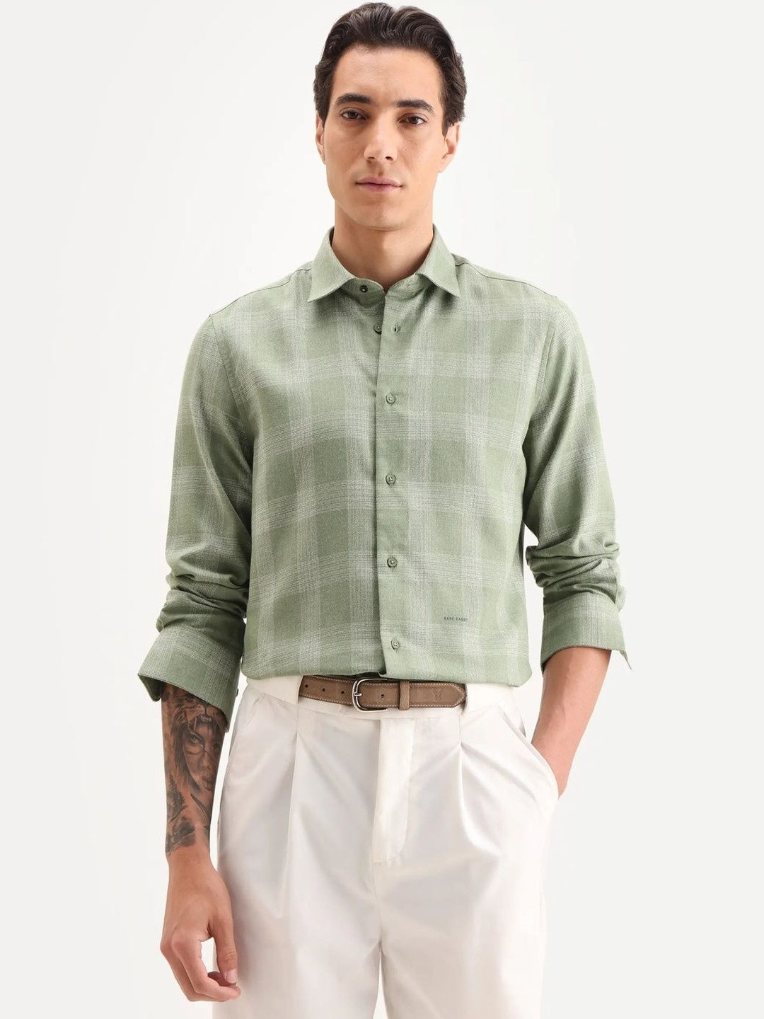 RARE RABBIT Mens Olive Regular Fit Checked Casual Shirt