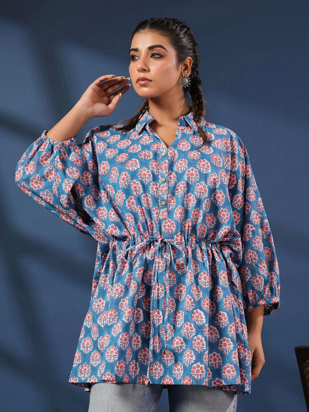 Taavi Women Hand Block Print Shirt Collar Cotton Tunic