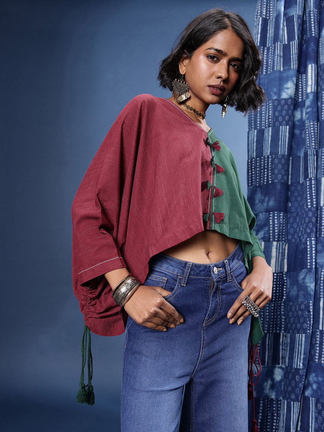 Taavi Colourblocked Batwing Sleeve Cotton Kaftan Woven Legacy Crop Top