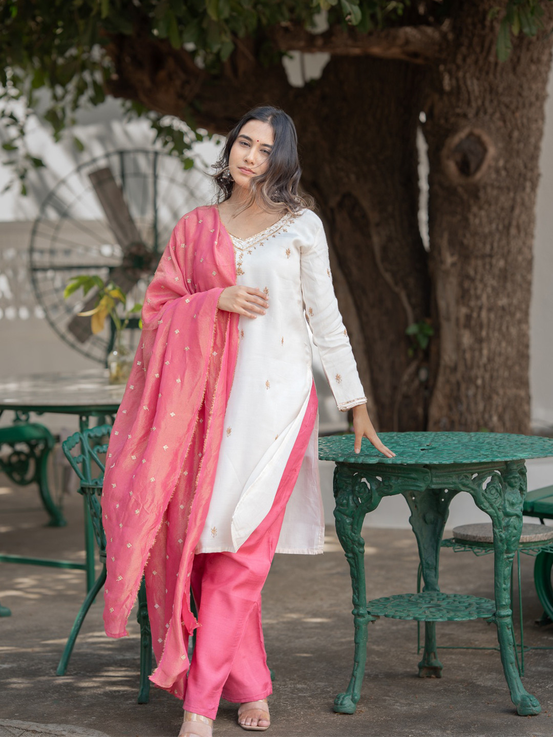Meeshara Floral Embroidered V-Neck Straight Satin Kurta With Patiala & Dupatta