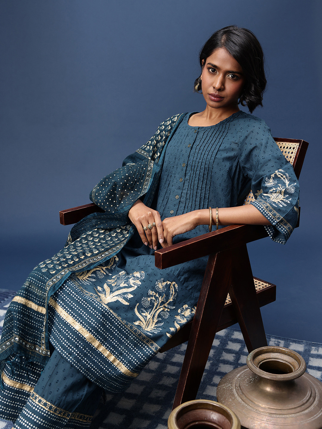 Taavi Pure Cotton Gold Khari Kurta with Palazzos & With Dupatta