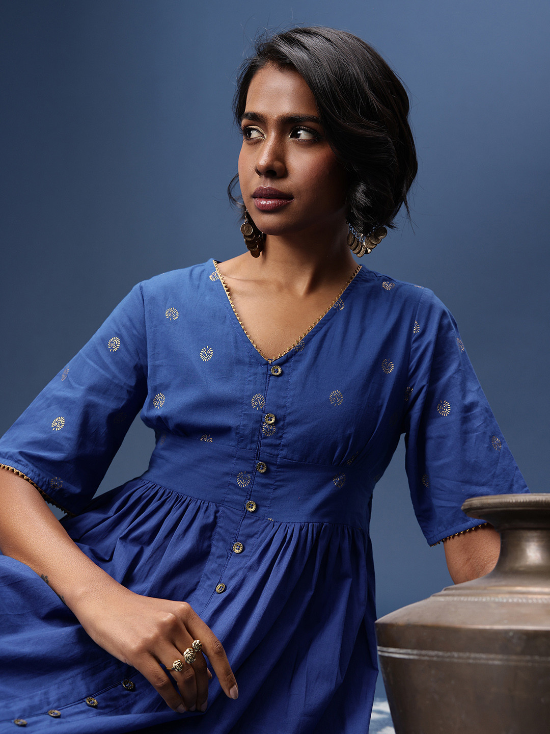 Taavi Rogan Ethnic Motifs Printed Smocked A-Line Ethnic Dress