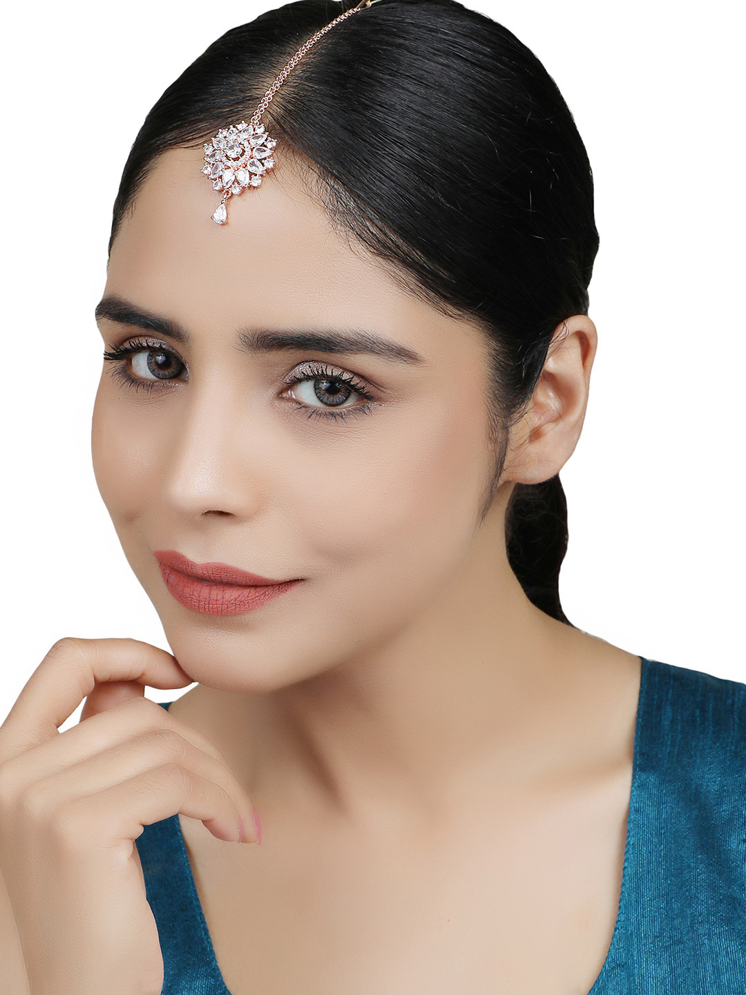 Bhana Fashion Rose Gold colour White CZ & AD-Studded Maang Tikka