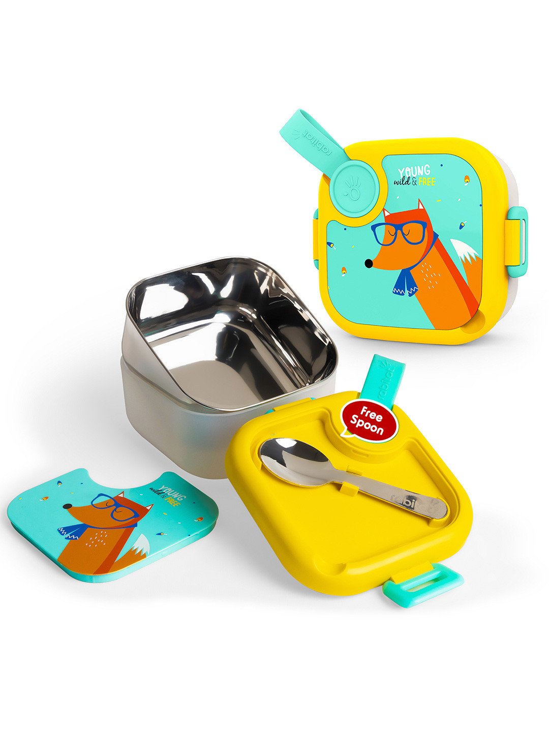 Rabitat Kids Green & Yellow Lunchmate Mini Stainless Steel Lunch Box With Spoon-500 ml