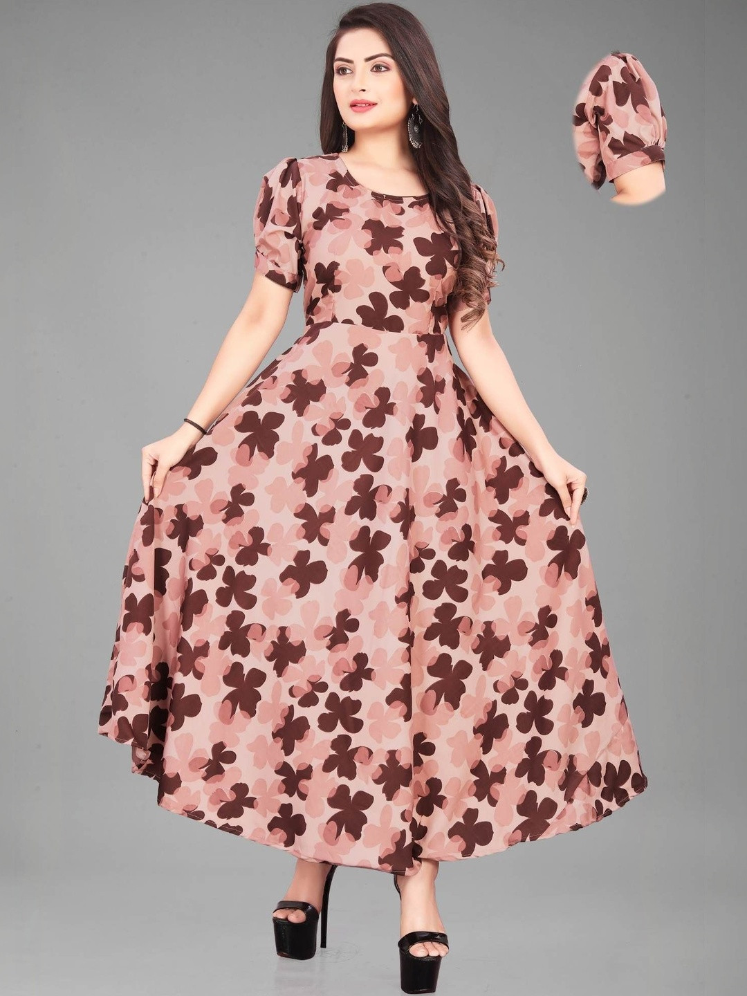 QENA Floral Print Puff Sleeve Applique Fit & Flare Midi Dress