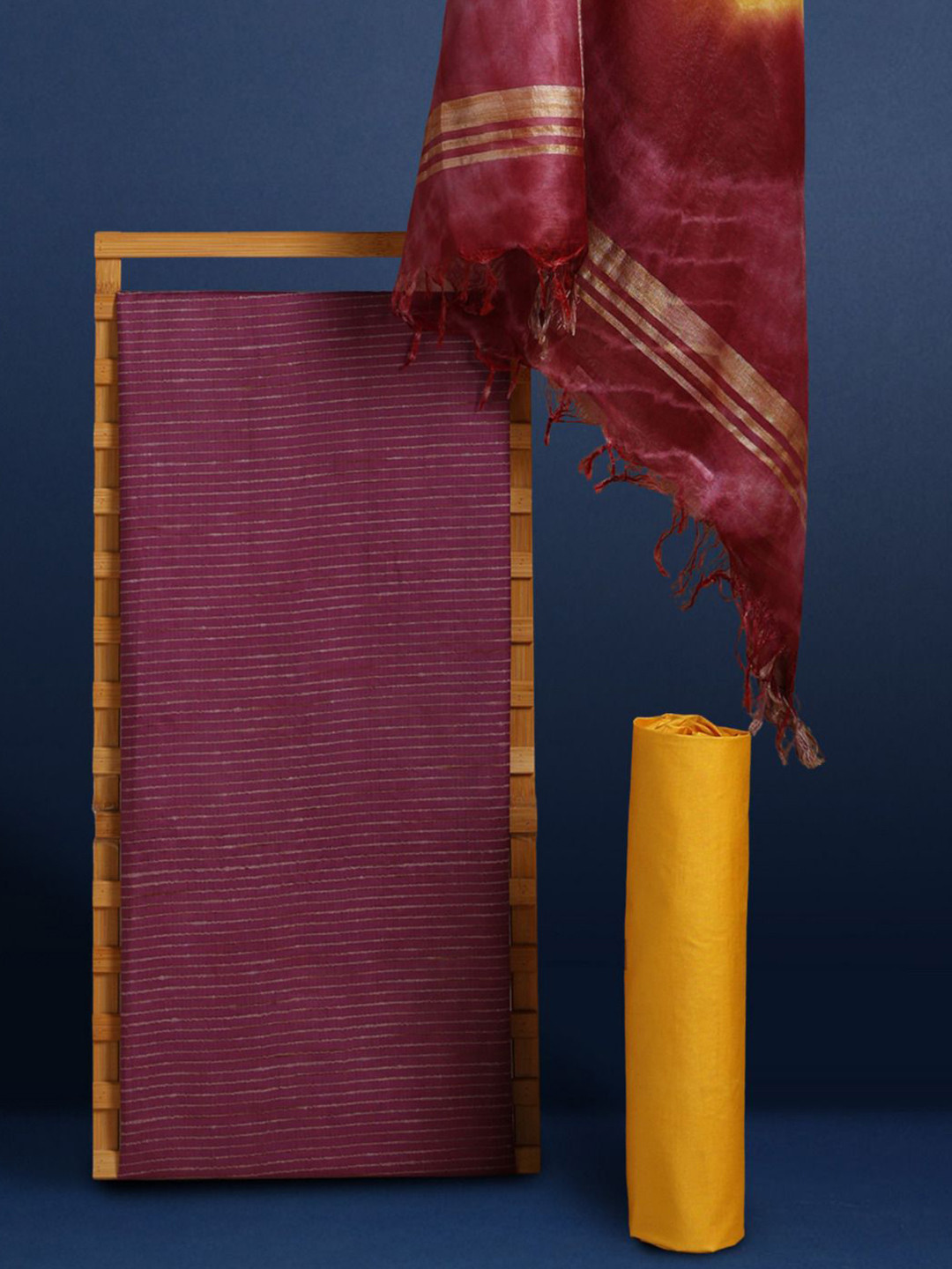 Taavi Hand Shibori Dye Katan Silk Dress Material with Bottom & Dupatta