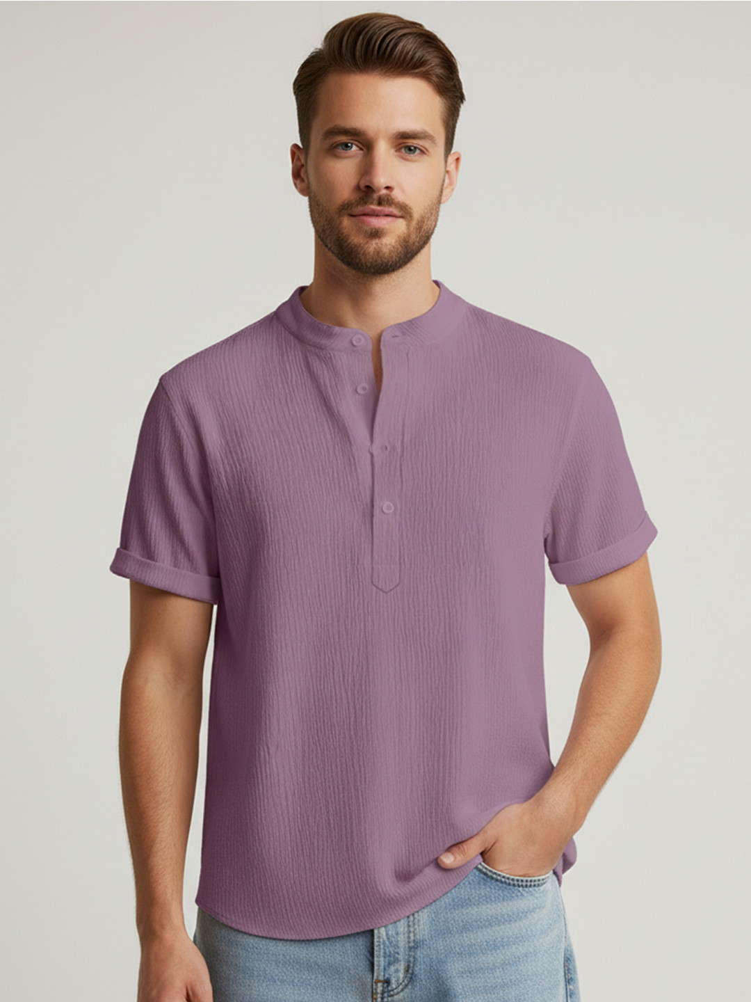 Metronaut Band Collar Short Sleeves Straight Popcorn Shirt