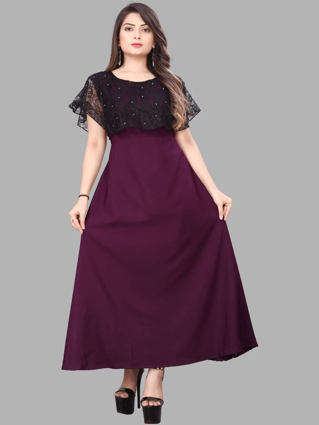 QENA Cape Sleeve A-Line Maxi Dress