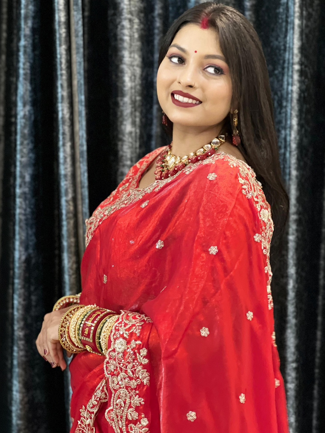 A.G.M.G FASHION Embellished Embroidered Satin Heavy Work Saree