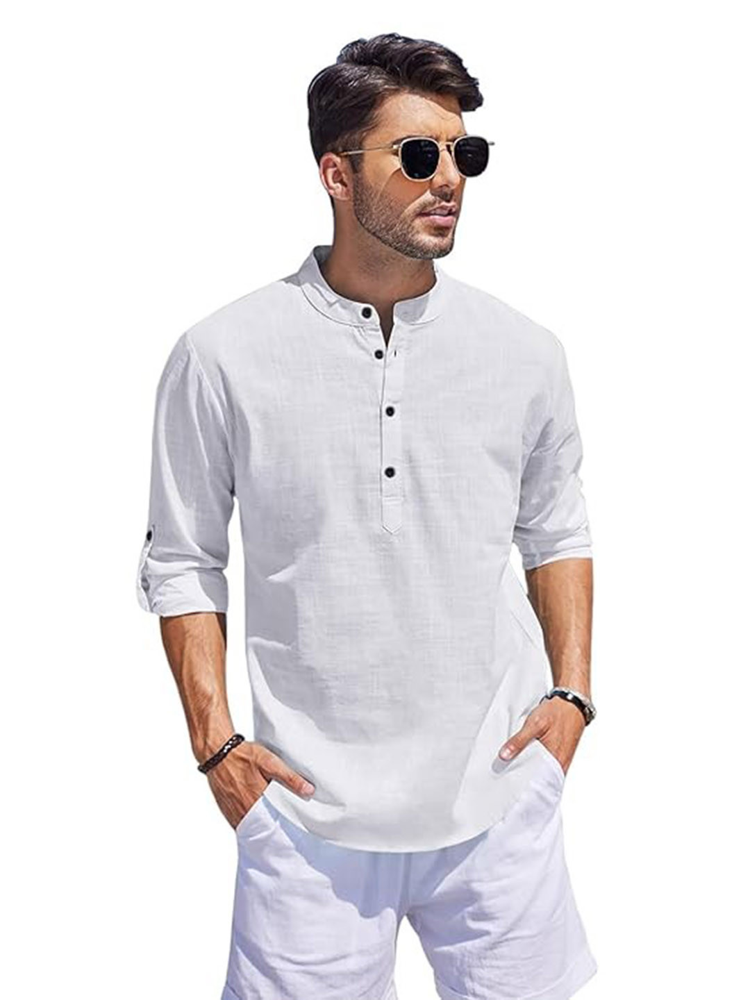 Bellstone Men Mandarin Collar Roll-Up Sleeves Kurta