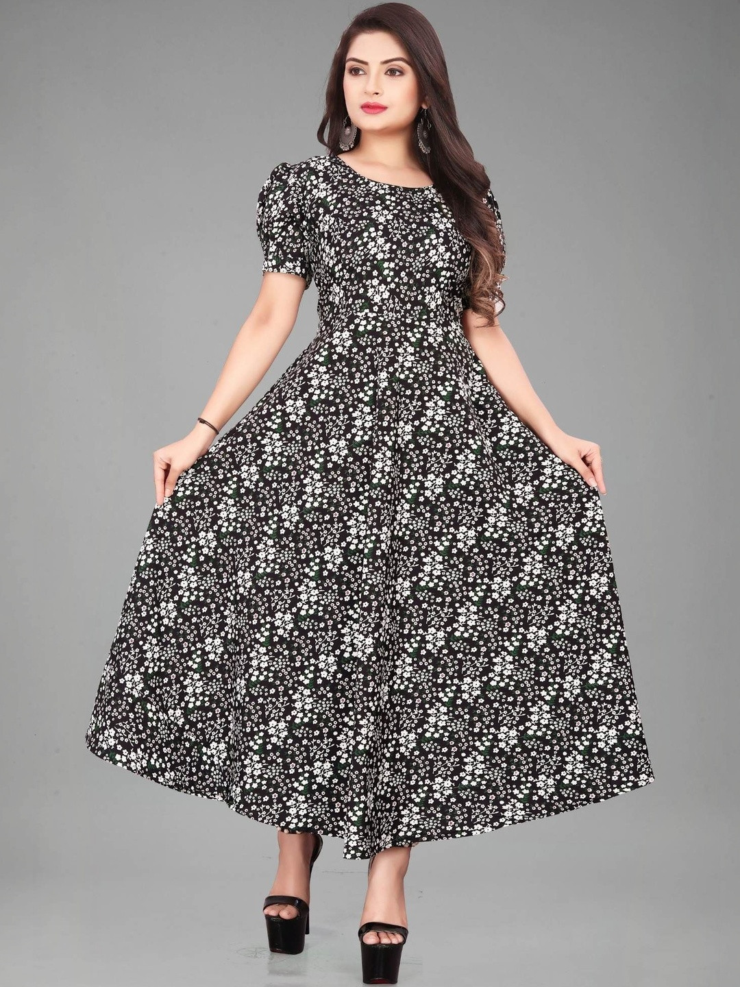QENA Floral Print Puff Sleeve Applique Fit & Flare Maxi Dress