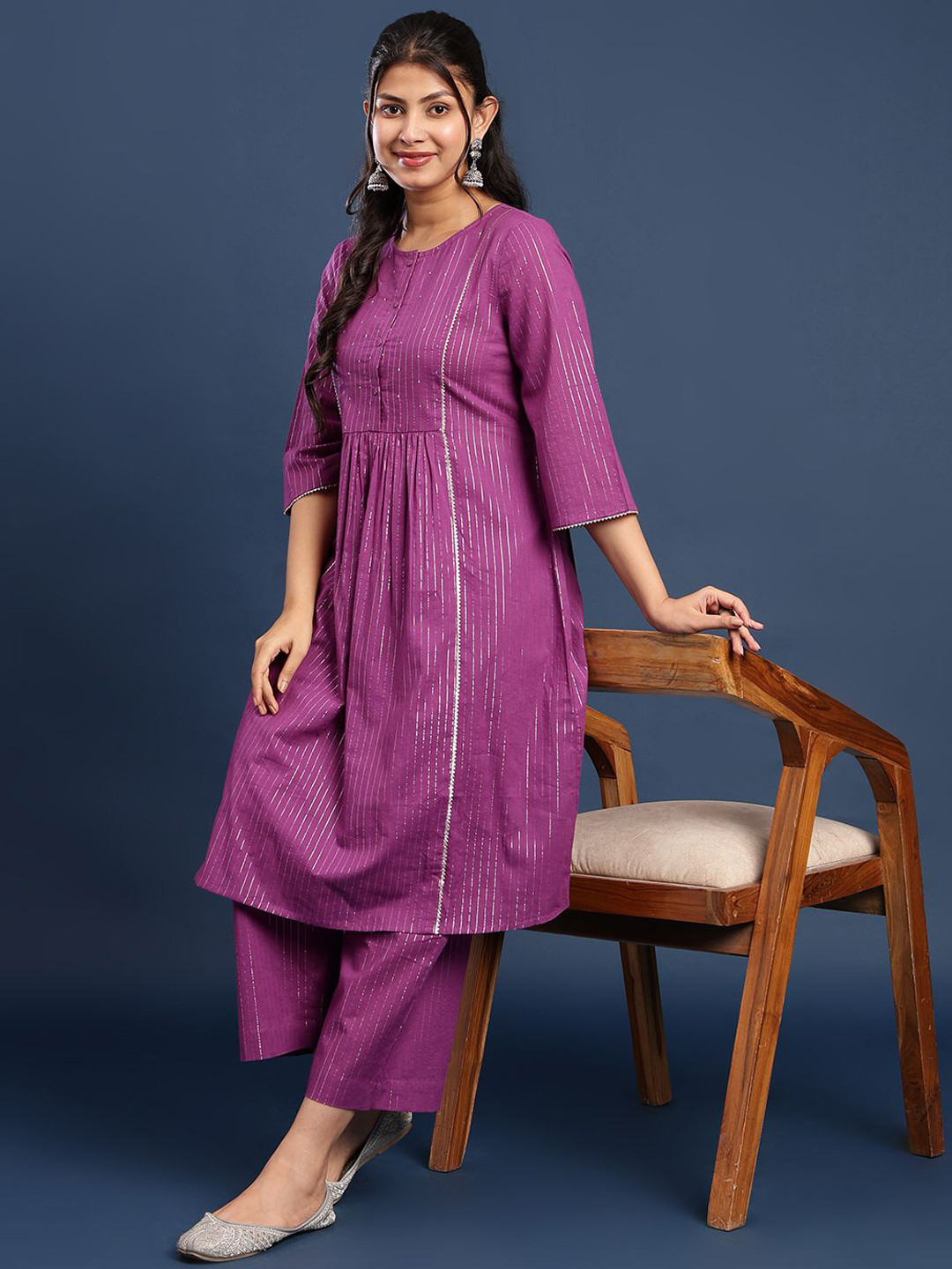 Taavi Stripes with Sequin Work Pure Cotton Gathers Detail A-Line Kurta With Palazzos