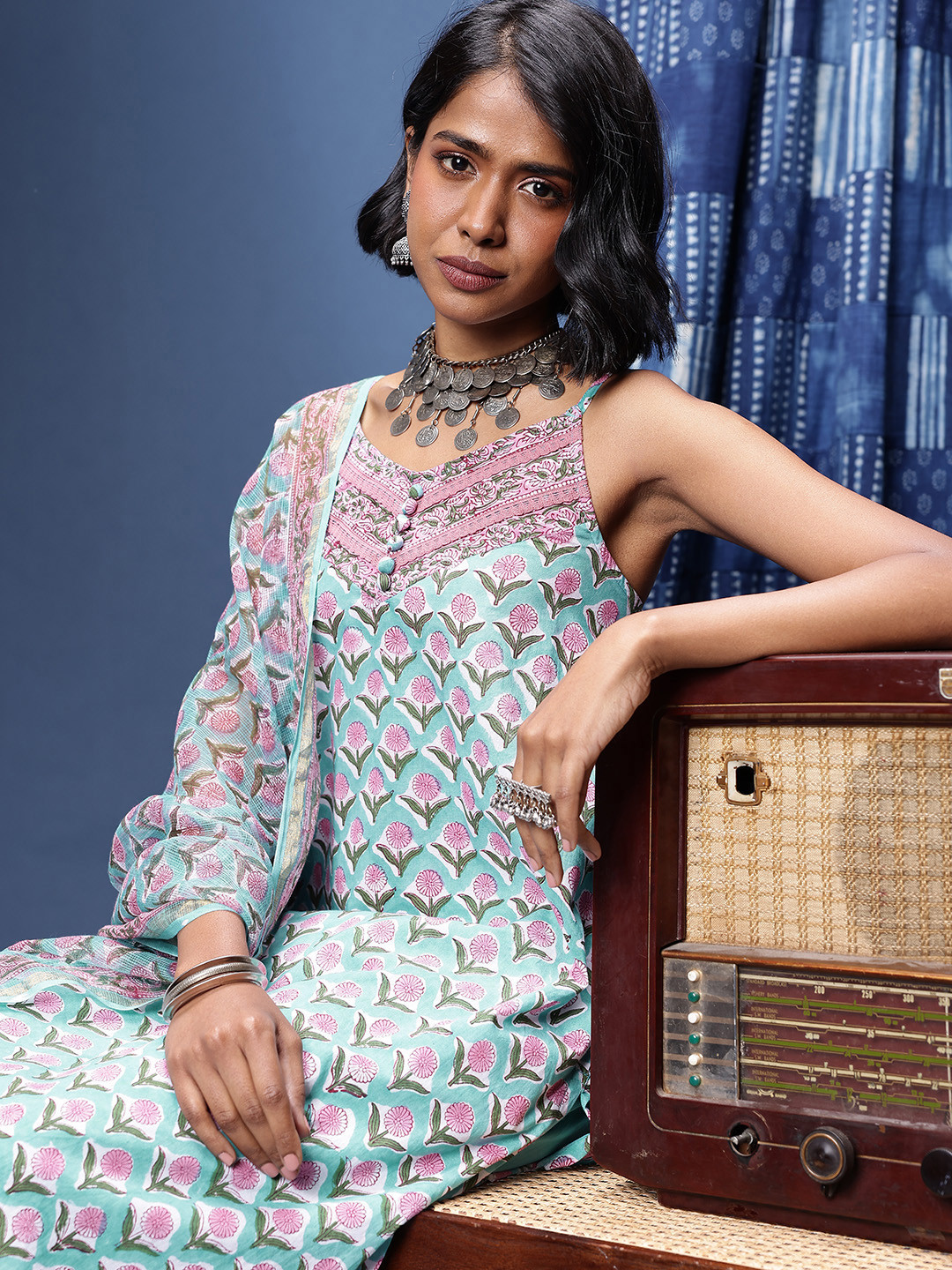Taavi Floral Printed Pure Cotton Sanganeri Folk A-Line Kurta with Trousers & Dupatta