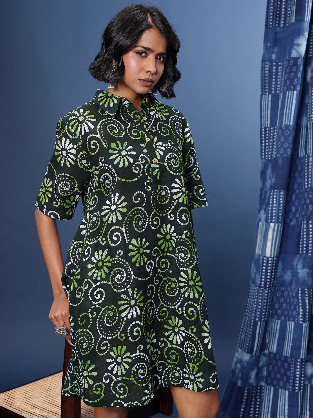 Taavi Floral Printed Shirt Collar Pure Cotton Batik A-Line Ethnic Dress
