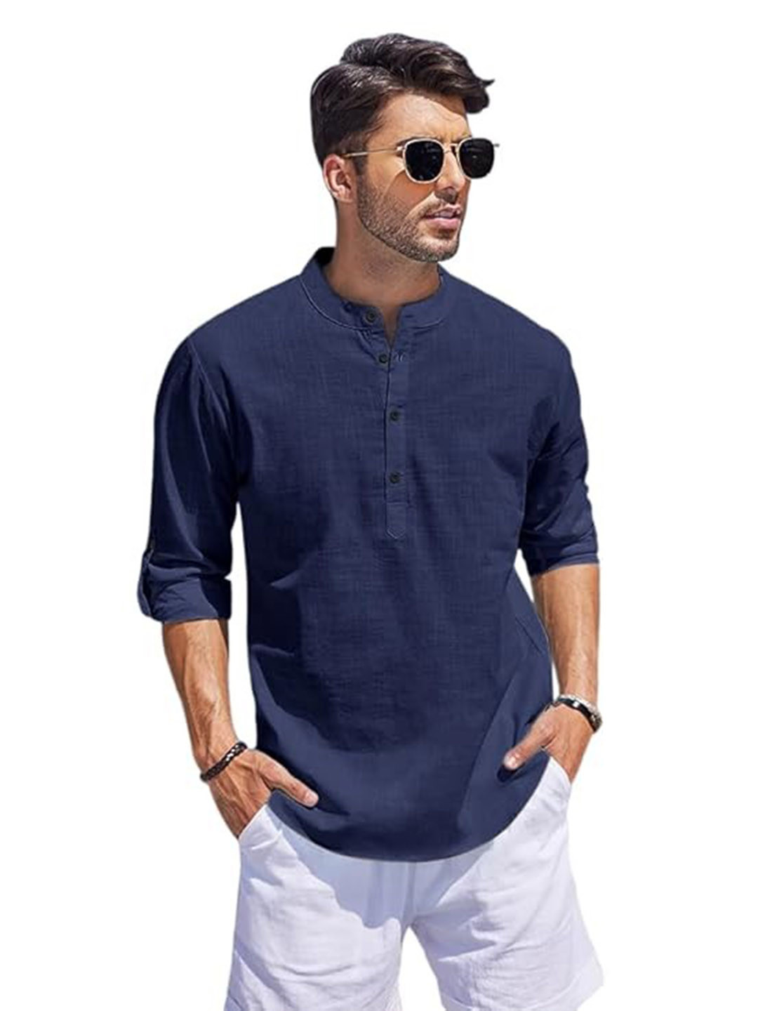 Bellstone Men Navy Blue Cotton Solid Casual Shirts