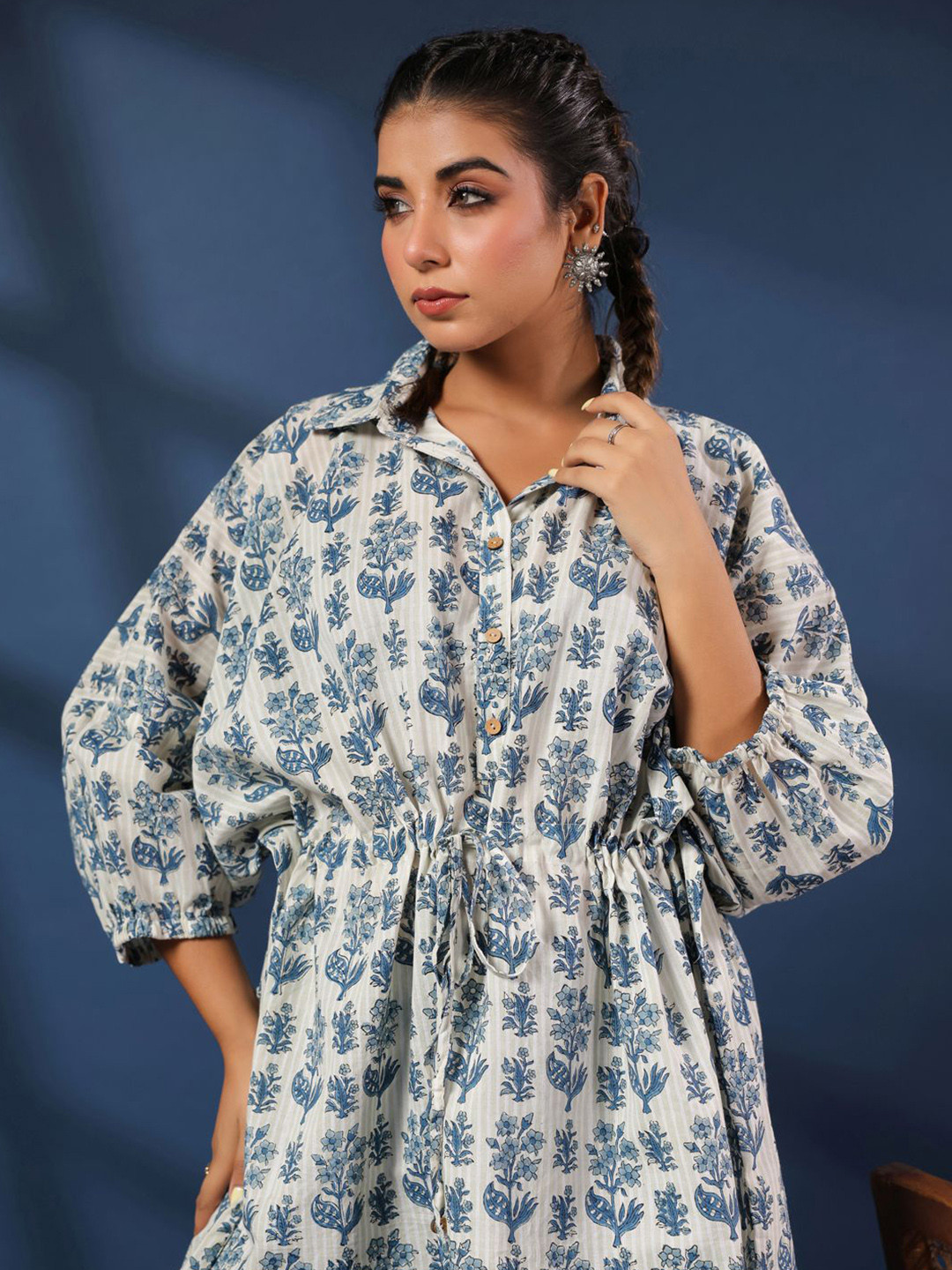 Taavi Women Hand Block Print Pure Cotton Kaftan Shirt Tunic With Drawstring Waist