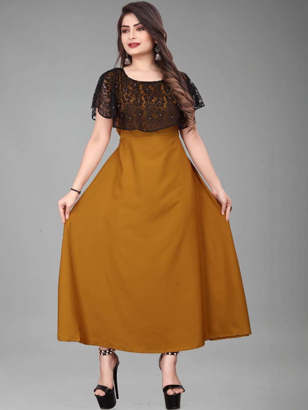 QENA Floral Flutter Sleeve A-Line Midi Dress